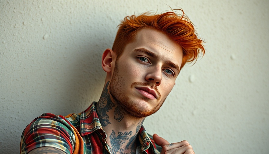Empowered employee with red hair and tattoos, relaxed indoors.