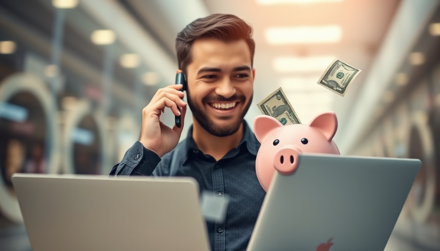 Confident man using laptop and phone with virtual piggy bank, B2B Telemarketing Resurgence.