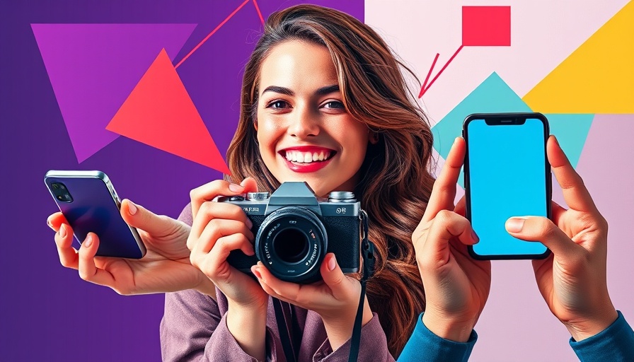 Colorful collage of a woman with camera and smartphone graphics for TikTok Stats for Veterinary Clinics.