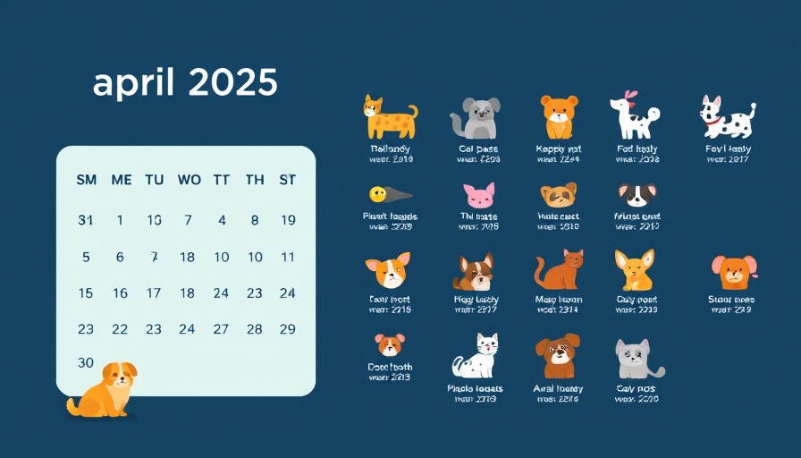 April pet holidays 2025 calendar with events and icons.