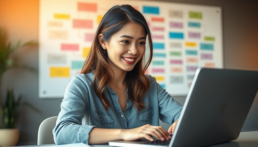 Woman using laptop with flowchart graphics, Free Flowchart Templates for MedSpas.
