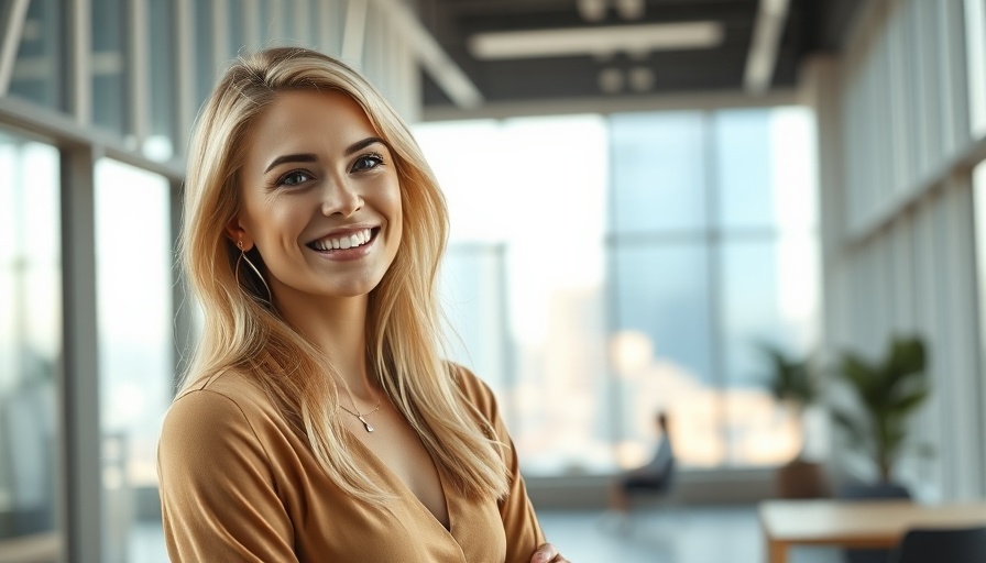 Content blonde woman in office, emphasizing happiness for productivity.