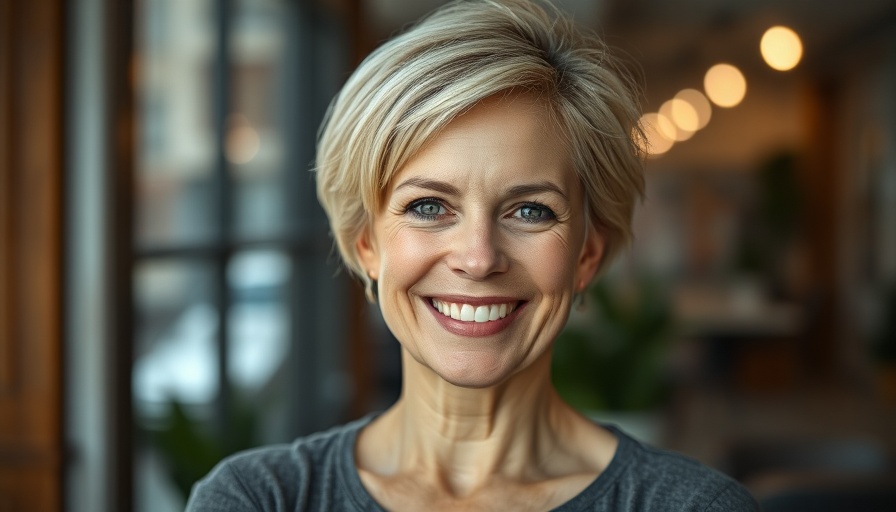 Woman smiling indoors, blurred urban background, natural light.