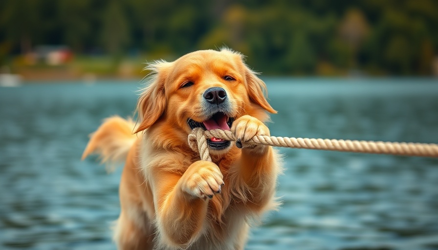 Golden retriever tugging on rope by lake, highlighting modern parasite prevention strategies.