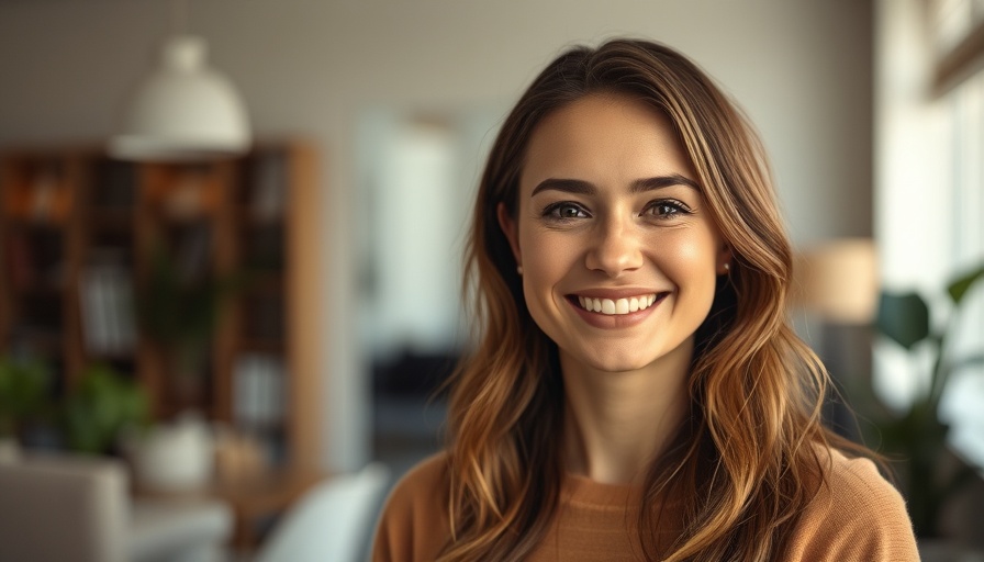Smiling woman in casual attire, soft focus office background.
