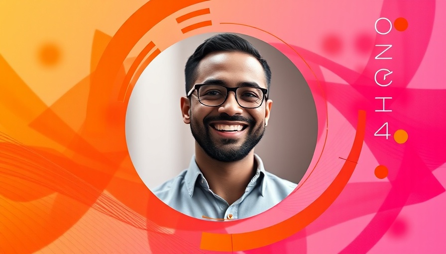 Conference graphic featuring professional man with abstract background.