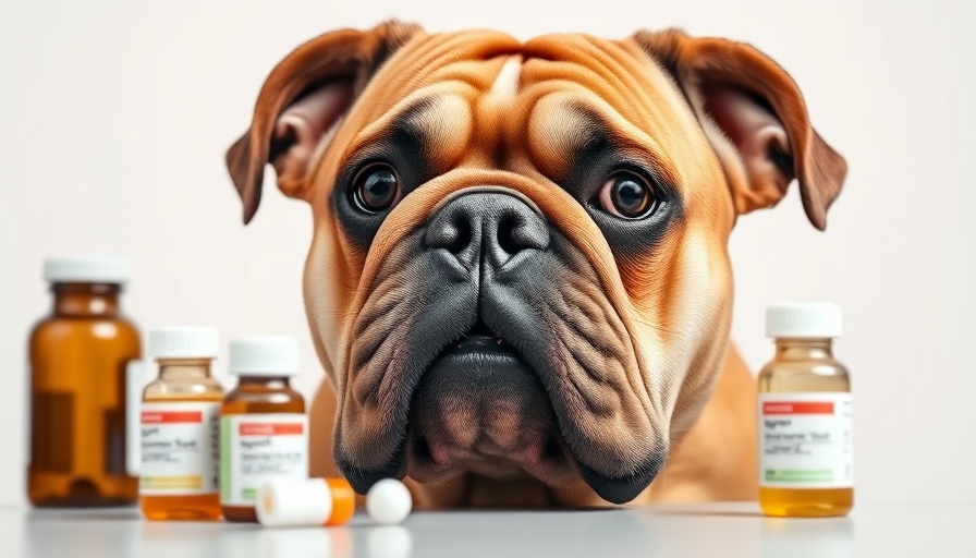 Concerned bulldog with medication bottles, highlighting pet toxins 2024.