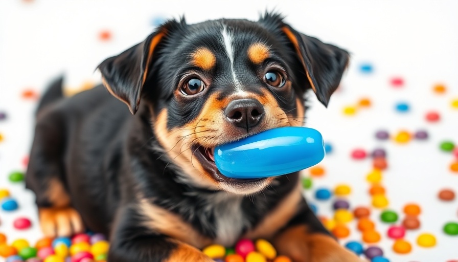 Cute dog with bubblegum and colorful candies, illustrating xylitol poisoning risk.