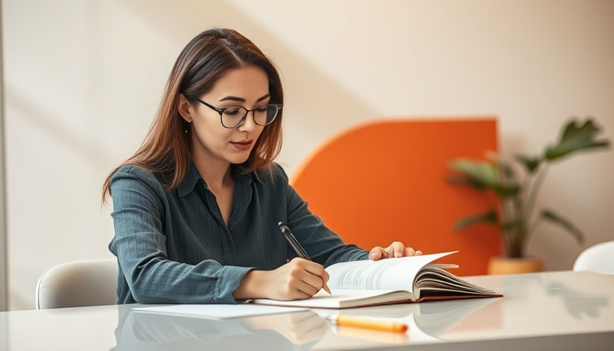 Modern design of a woman writing, abstract background shapes, ecommerce business plan for veterinary clinics.