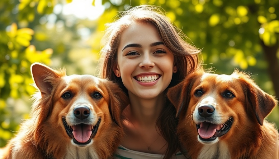 Young woman bonding with two brown dogs amid lush greenery, depicting human-animal connection.
