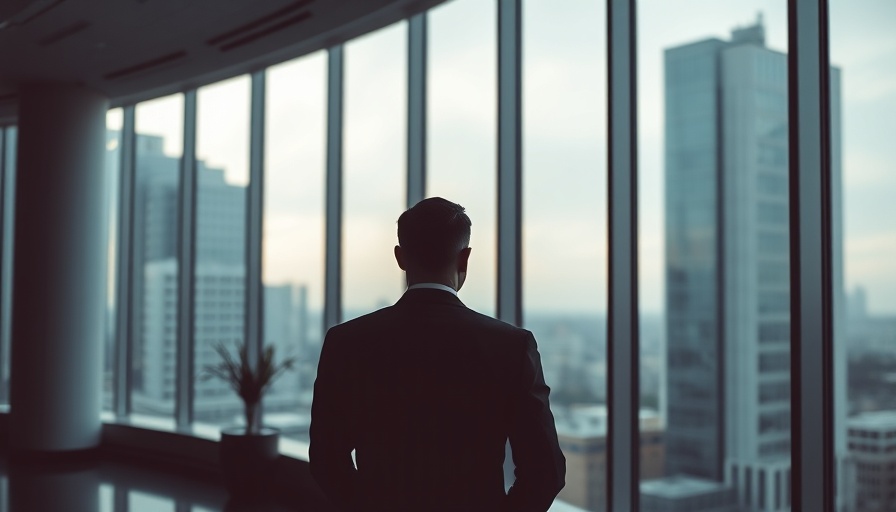 Businessman in modern office looking out the window, reflecting on 'What Does Your Clinic Stand For'