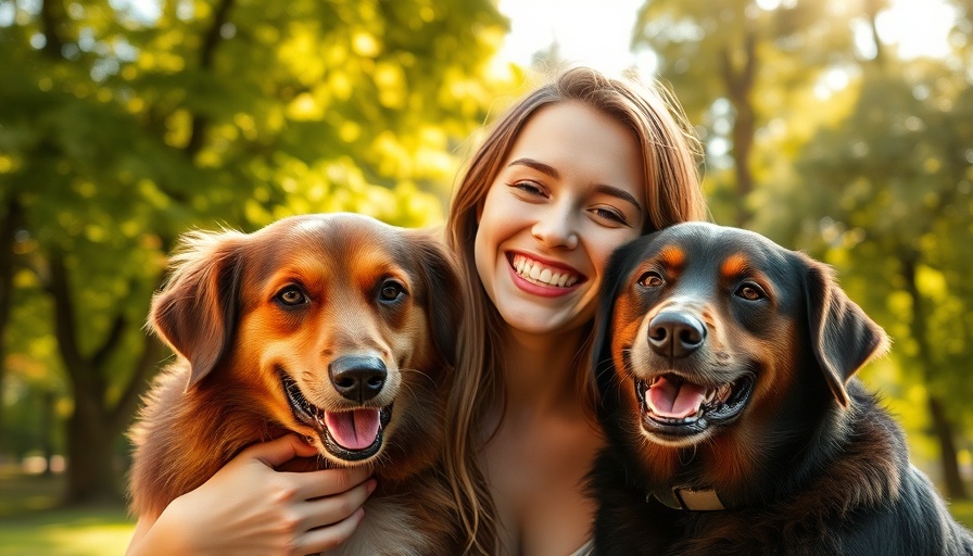 Joyful embrace between woman and dogs, human-animal bond, in park.