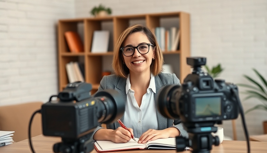 Woman presenting video marketing strategies for veterinary clinics in a bright office.