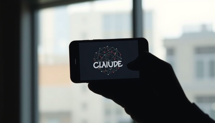 Abstract phone illustration with 'Claude' on screen, Silhouette hand holding device, Blurred background.
