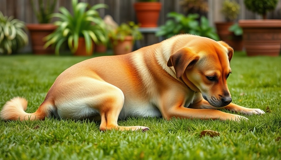Tan dog scratching in garden, highlighting itchy dog caregiver burden.