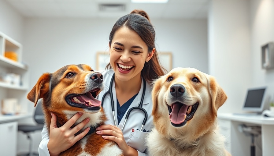 Joyful veterinarian with dog in clinic promoting PAW Act pet care affordability.