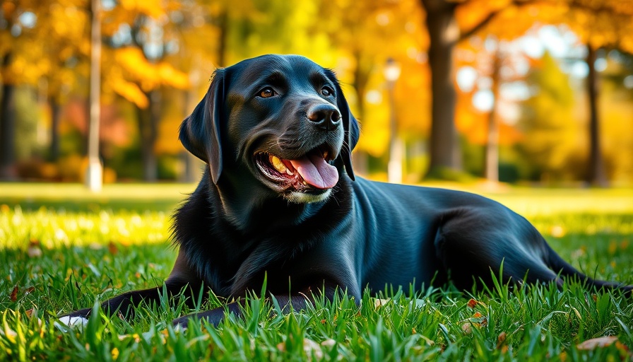 Labrador Retriever resting outdoors in park, sunlight and grass.
