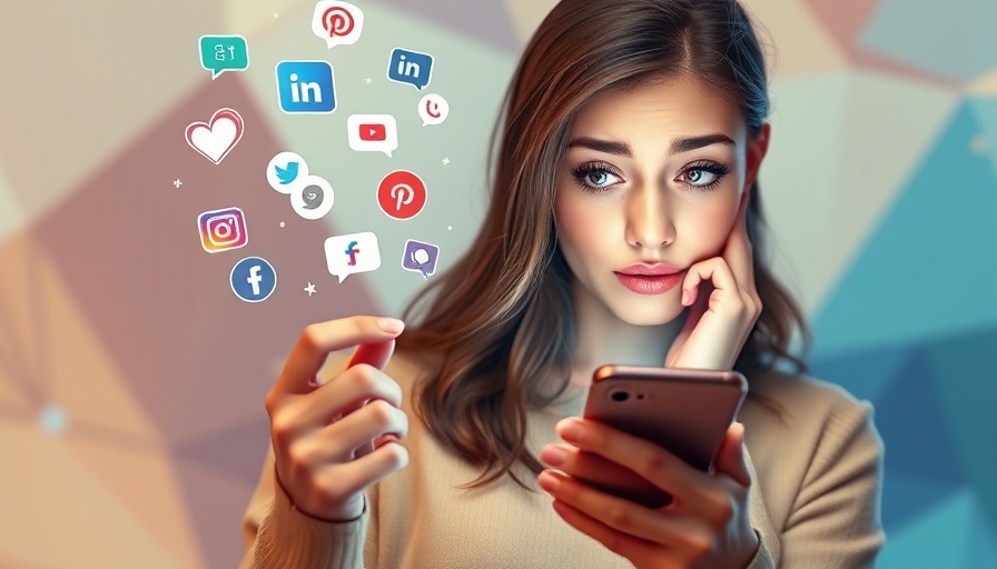 Young woman using smartphone with digital social icons, Veterinary Clinic Social Media Strategy 2025.
