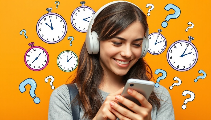 Young woman checking phone with clocks, best times to post on social media in 2025 theme.