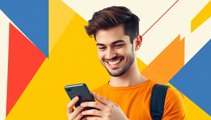 Smiling young man using smartphone amidst colorful design, discussing Social Media Organization Tips for Veterinary Clinics.