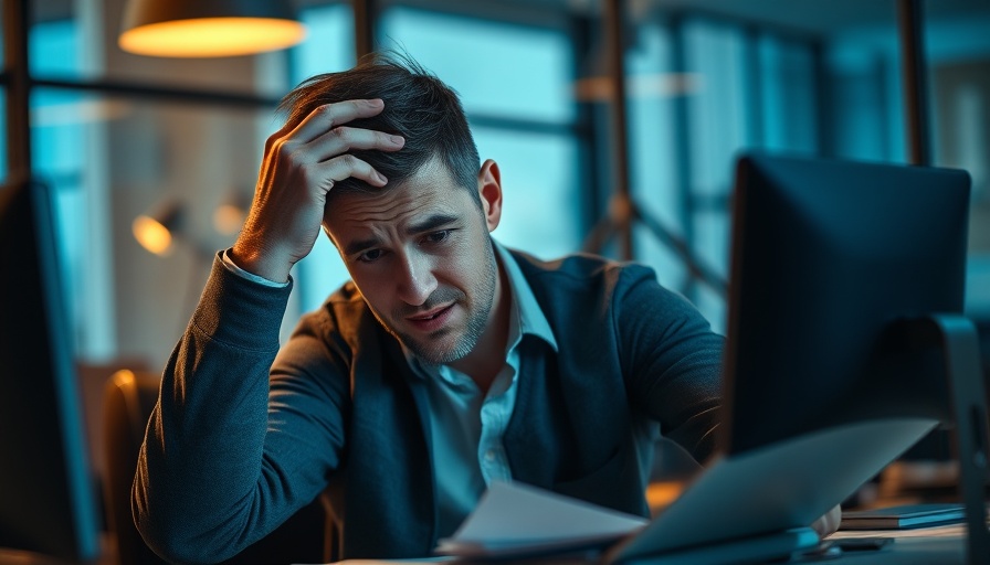Stressed man working late, illustrating content marketing challenges.