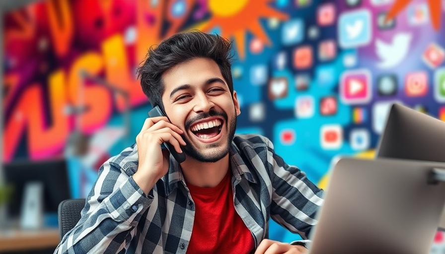 Joyful man engaging in social media entrepreneurship at desk