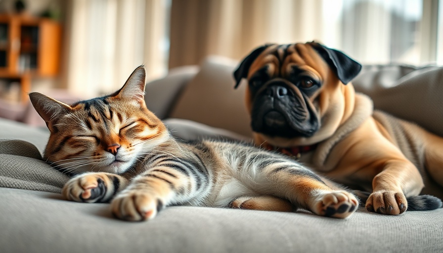 Calm cat and alert pug indoors, symbolizing comfort.