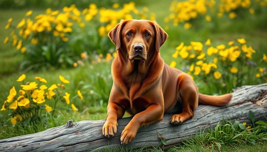 Brown Labrador sitting on log amidst yellow flowers, park setting.