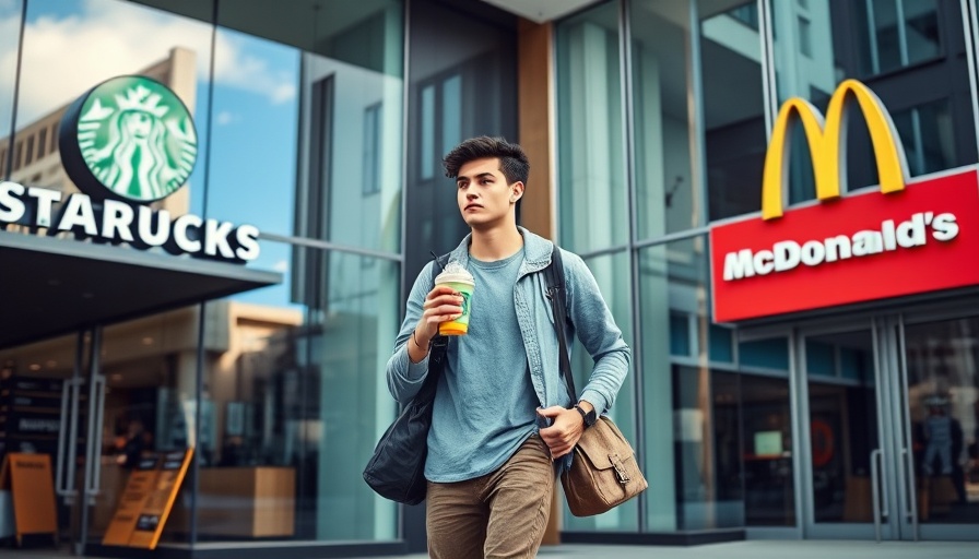 McDonald's surpasses Starbucks brand value, urban setting with man walking.