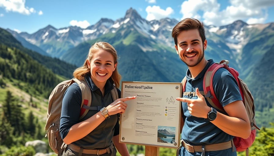 Hikers in a lush mountain landscape pointing at a sign.