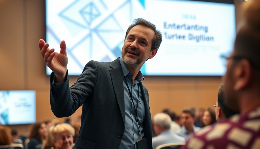 Conference speaker discussing filler content with a presentation backdrop