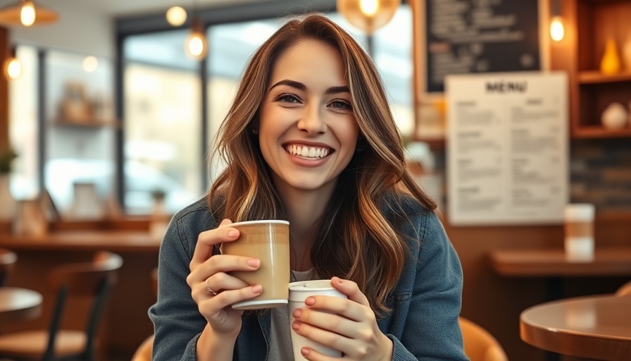 Smiling woman in a cafe holding a coffee cup with a menu sign in the background.