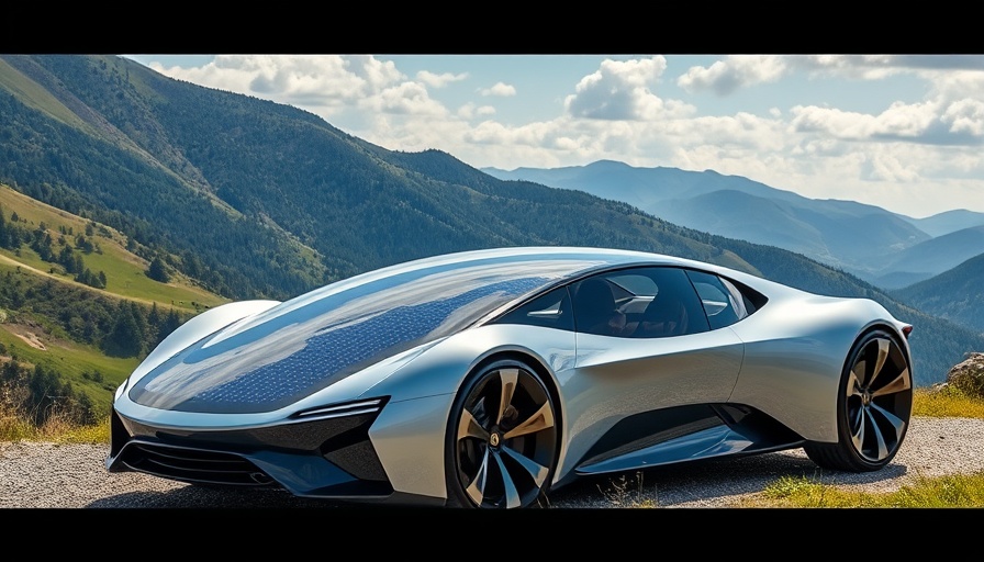 Sleek solar-powered EV with futuristic design in a mountain landscape.