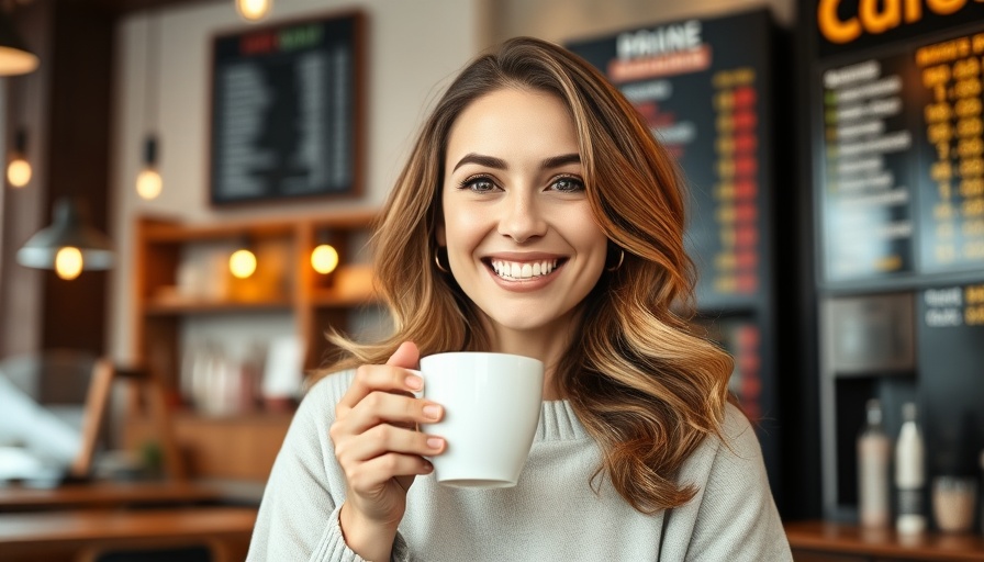 Confident woman enjoying coffee in modern café; calm ambiance.
