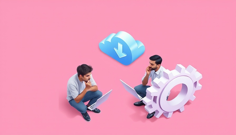 Isometric illustration of digital migration tools with two men and web elements on pink.