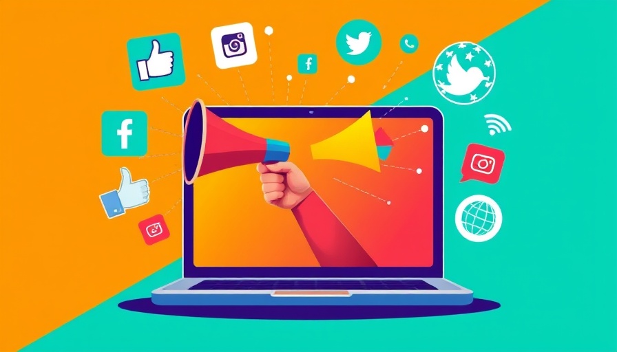 Social media marketing illustration with laptop and megaphone.