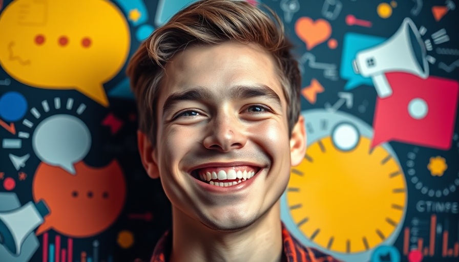 Smiling young man with graphics; concept of negative social proof.
