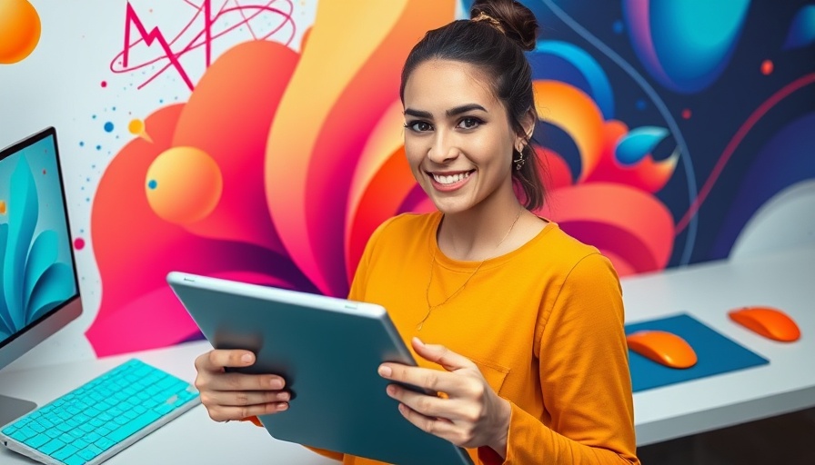 Confident woman with tablet in vibrant setting, Veterinary copywriting templates.