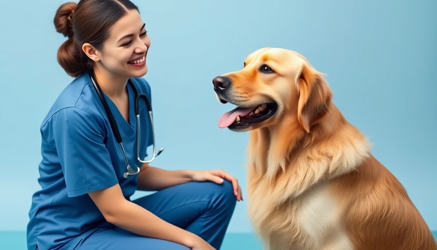 Veterinarian discussing pet health, smiling with golden retriever, engage clients.