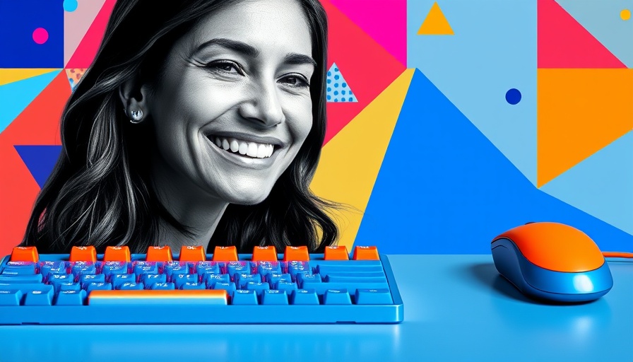 Abstract digital composition with portrait and colorful keyboards, AI adoption in veterinary clinics.
