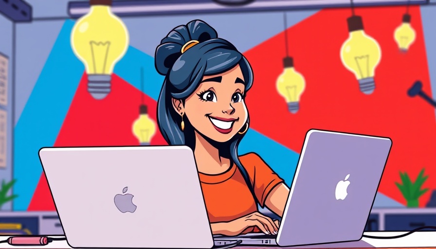Creative workspace with a smiling woman, laptop, and lightbulbs.