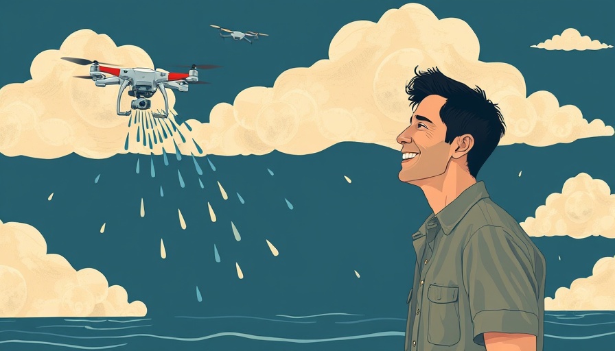Smiling man with cloud seeding artwork for water management illustration.