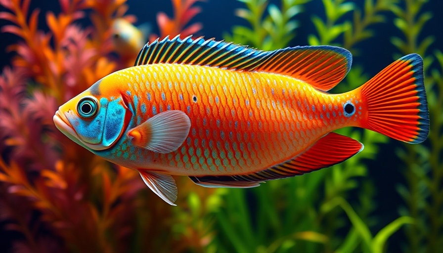 Colorful fish in aquarium, vivid orange and blue patterns.
