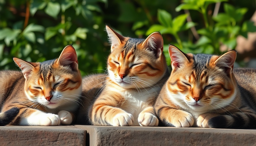 Three relaxed cats outdoors, surrounded by greenery.