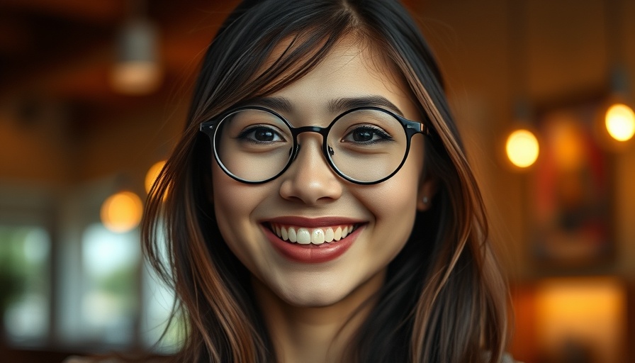 Smiling young woman indoors with round glasses.