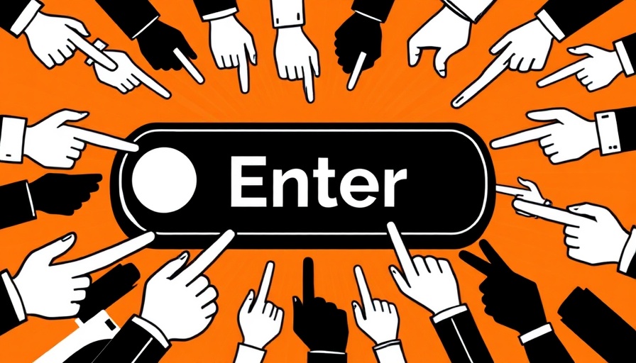 Conceptual graphic with enter key and pointing hands, call-to-action theme.