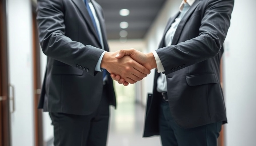 Professional handshake in business agreement, blurred office background.