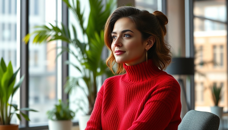 Stylish woman in red sweater sitting near window