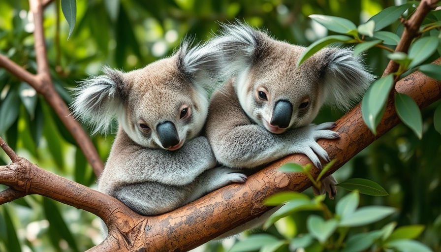 Koalas on a tree branch illustrating habitat loss and disease crisis.