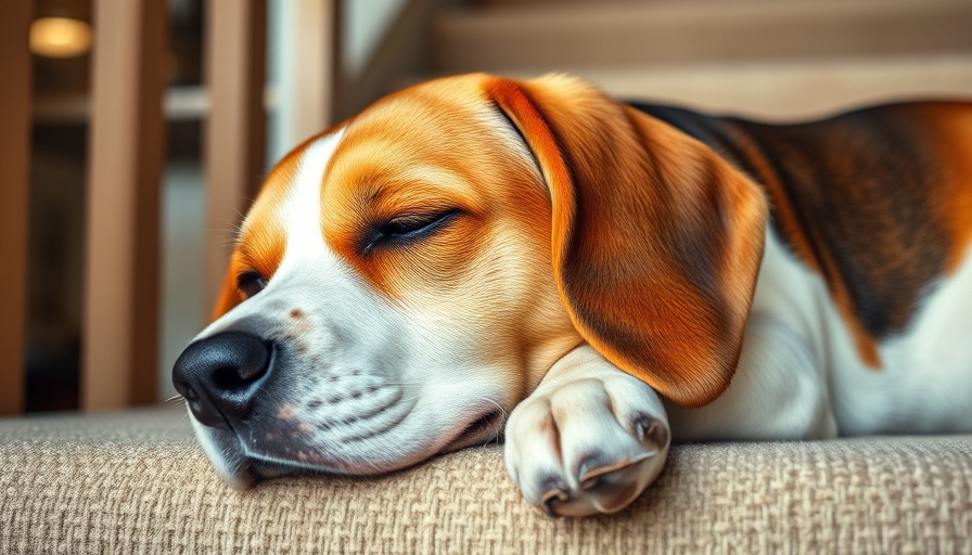 Beagle lying on stairs, photorealistic lifelike indoor setting.